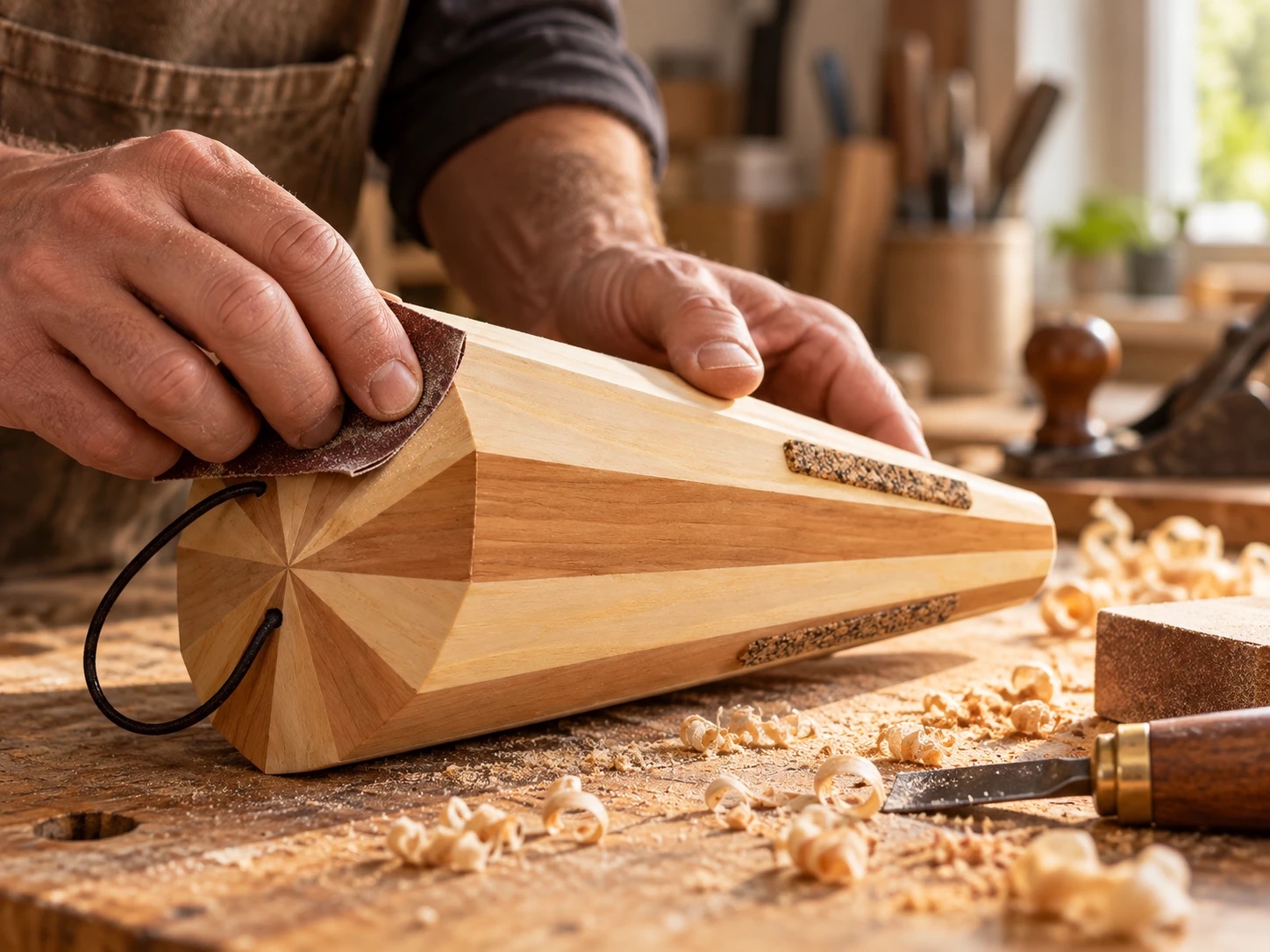 Manos de artesano lijando una sordina de madera en el taller
